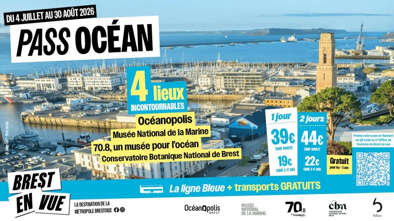 Nutzen Sie vom 4. Juli bis zum 30. August 2026 in Brest den Ozean-Pass und entdecken Sie vier symbolträchtige Orte der Stadt – inklusive Fahrten mit öffentlichen Verkehrsmitteln.