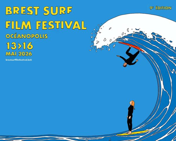 Affiche 2026 du Brest Surf Film Festival qui aura lieu à Océanopolis à Brest du 13 au 16 mais. 9e édition de l'événement. Illustration d'une vague avec deux surfeurs se regardant.