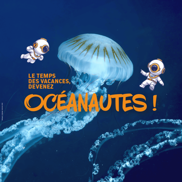 Visuel des vacances de la toussaint avec des méduses et deux petits personnages astronautes illustrés