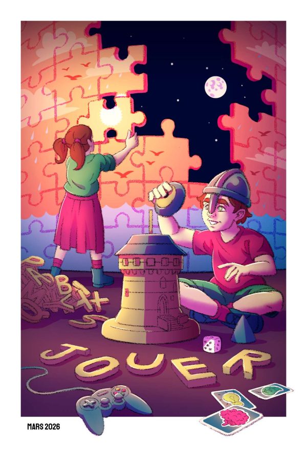 Carte postale du projet Science Comes To Town. Pour le mois d'avril, découvrez l'interprétation de Tangi Le Roux de “Jouer”. Un puzzle scientifique où logique et intuition se rencontrent. Sous l’œil bienveillant de la Tour Tanguy, les pièces s’assemblent comme un cours d’eau, guidées par le cerveau au fil des sensations.