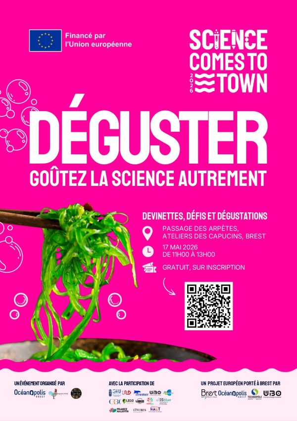 Affiche projet européen Science Comes to Town : La science arrive en ville ! Événement scientifique « Déguster : goûtez la science autrement »