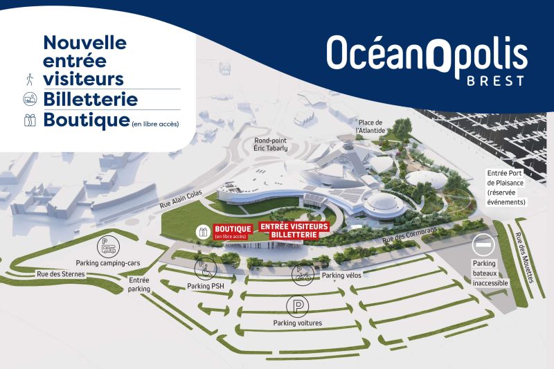 Océanopolis accès plan : nouvelle entrée visiteurs, billetterie et boutique en libre accès.