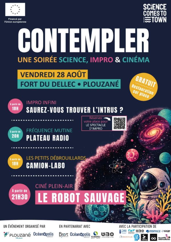 Science Comes to Town affiche événement "Contempler" vendredi 28 août 2026, soirée science, impro et cinéma